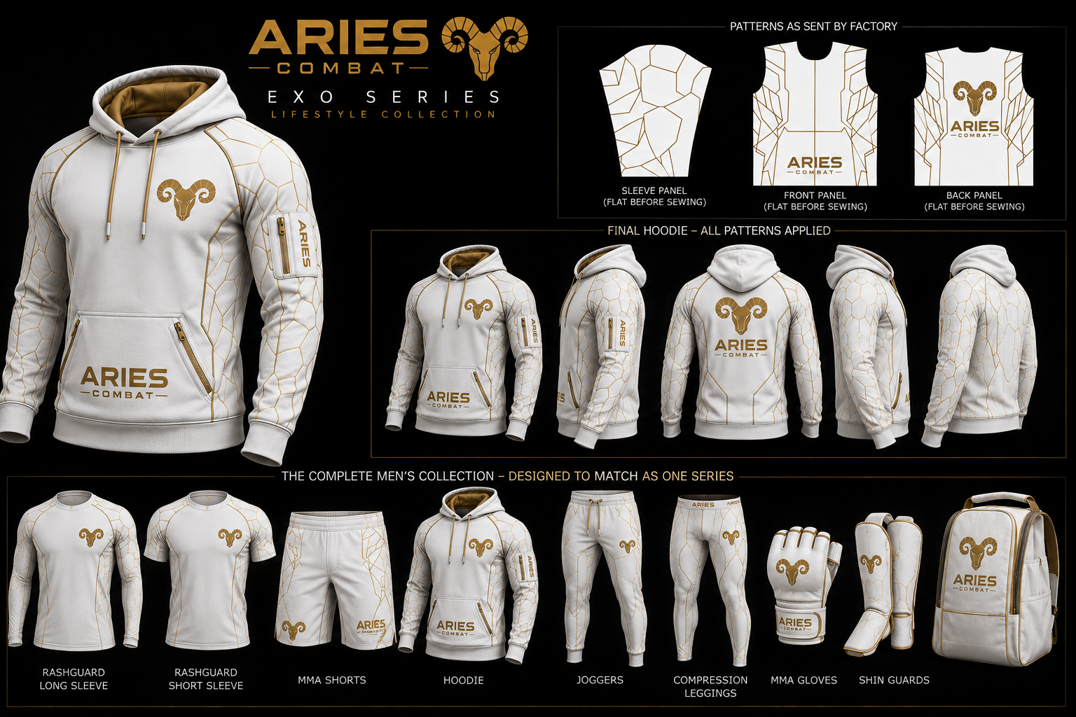 ARIES COMBAT EXO Series collection with apparel, MMA gloves and shin guards