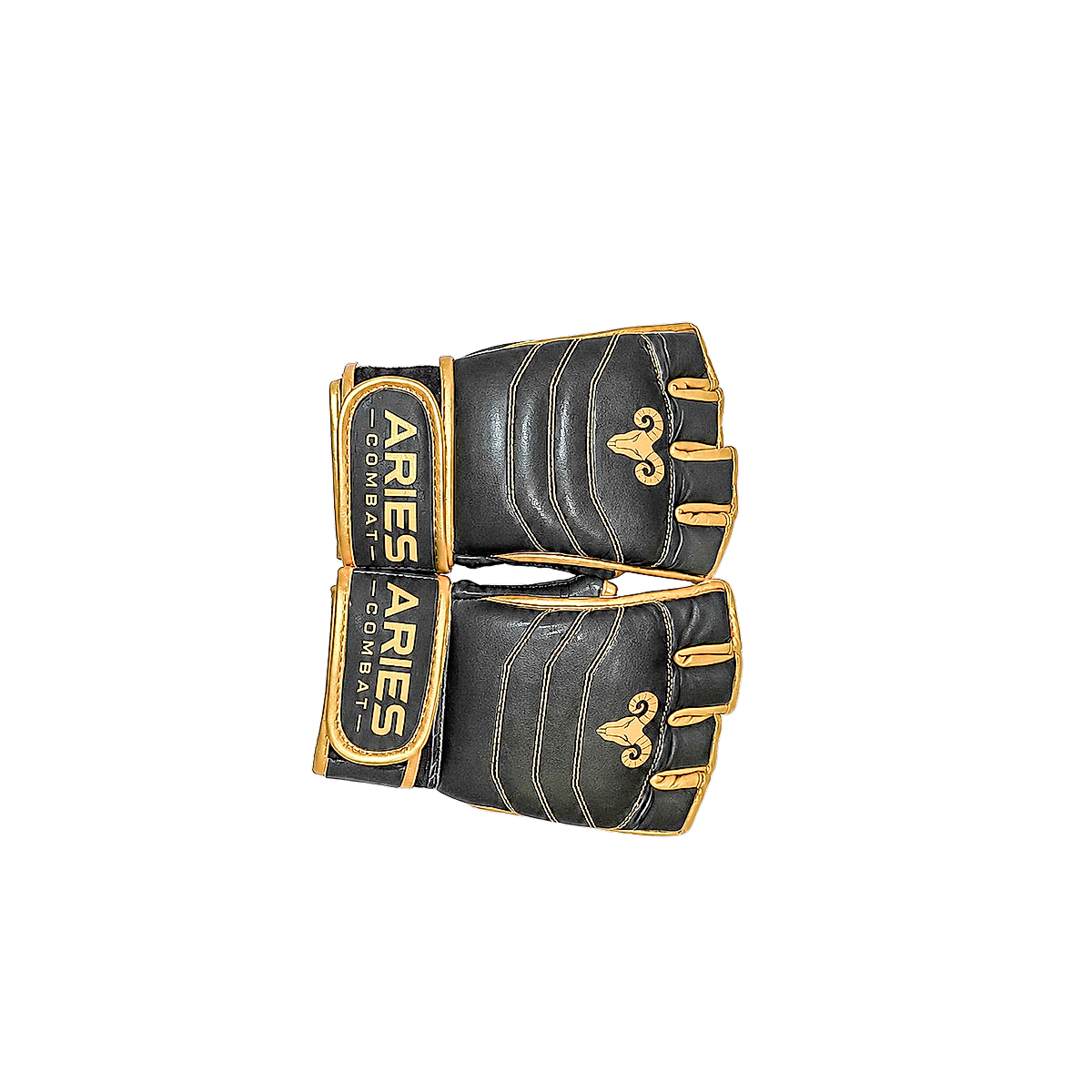 Black and gold MMA gloves, outer view