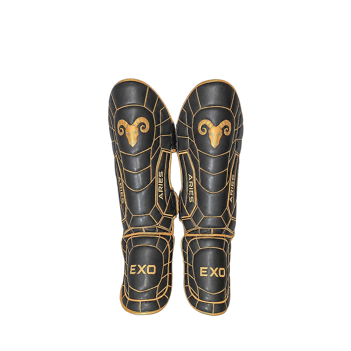 Black and gold shin guards, front